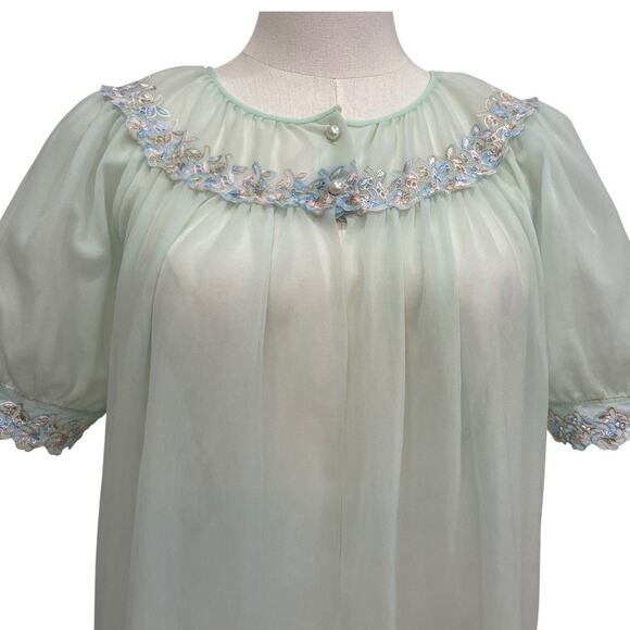 Vintage 50s Green Nylon Sheer Chiffon Embroidered Peignoir Dressing Robe Size L - Picture 4 of 8